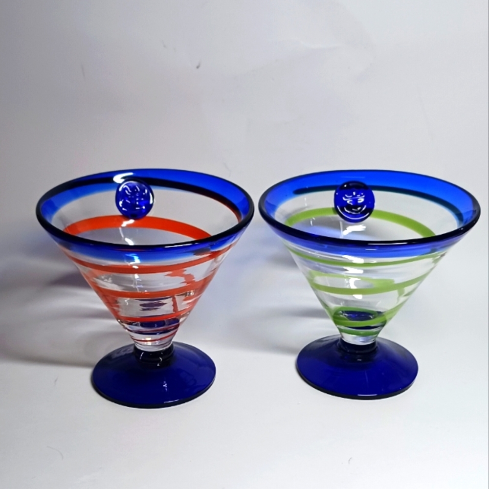 KOSTA BODA Royal Caribbean Handblown Martini Glass Cobalt Blue /Red Green Swirls